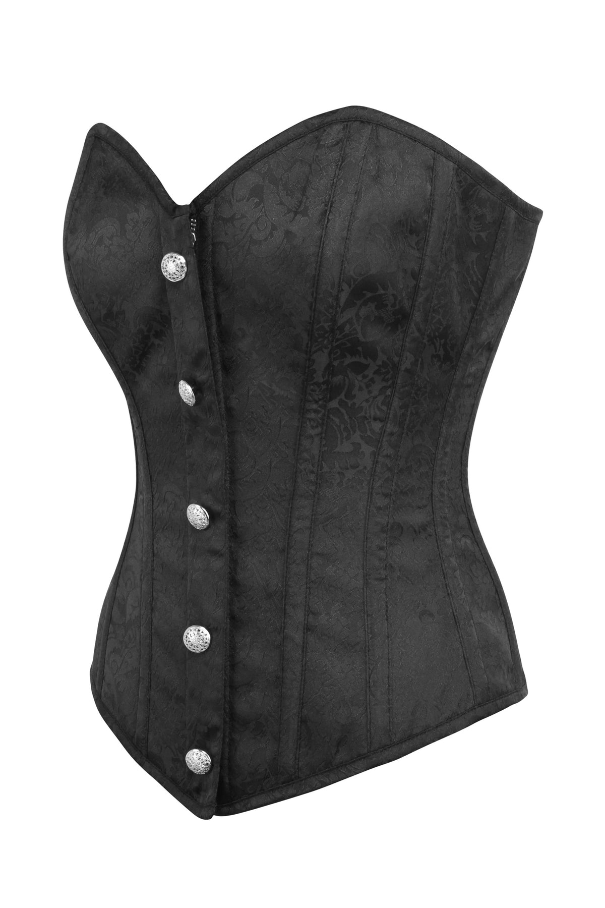 Black Brocade Overbust Corset With Front Zip And Button Detailing