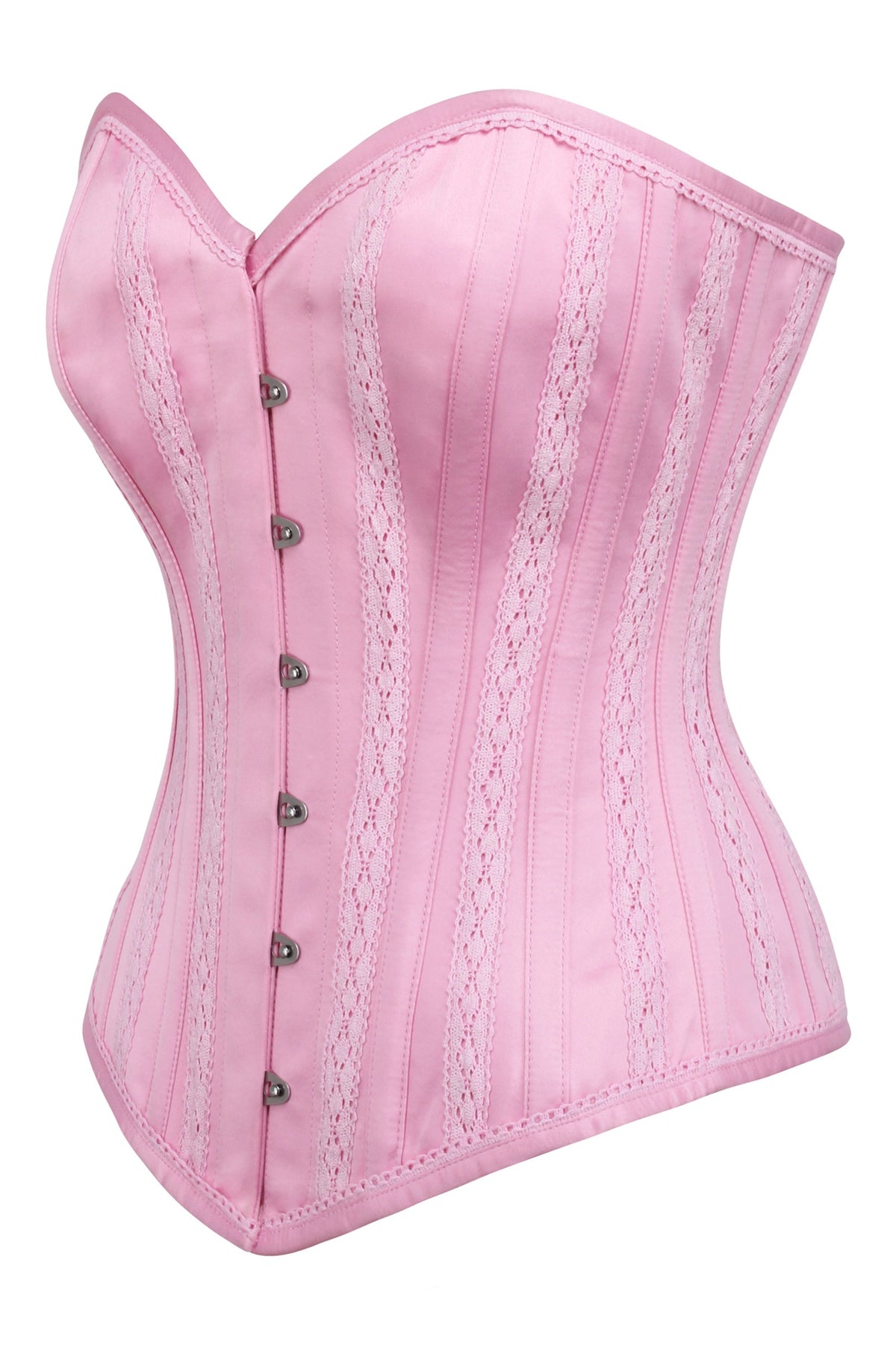 Pink Satin Overbust Corset With Lace Trims