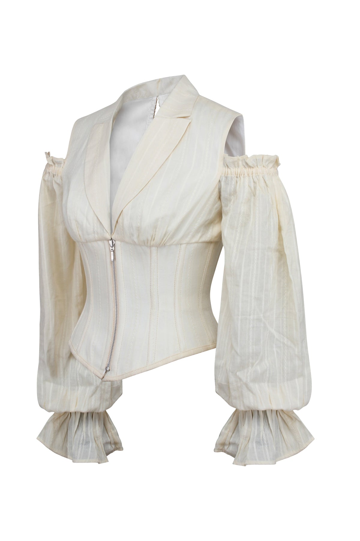 Ivory Corset Top With Front Zip And Long Sleeves