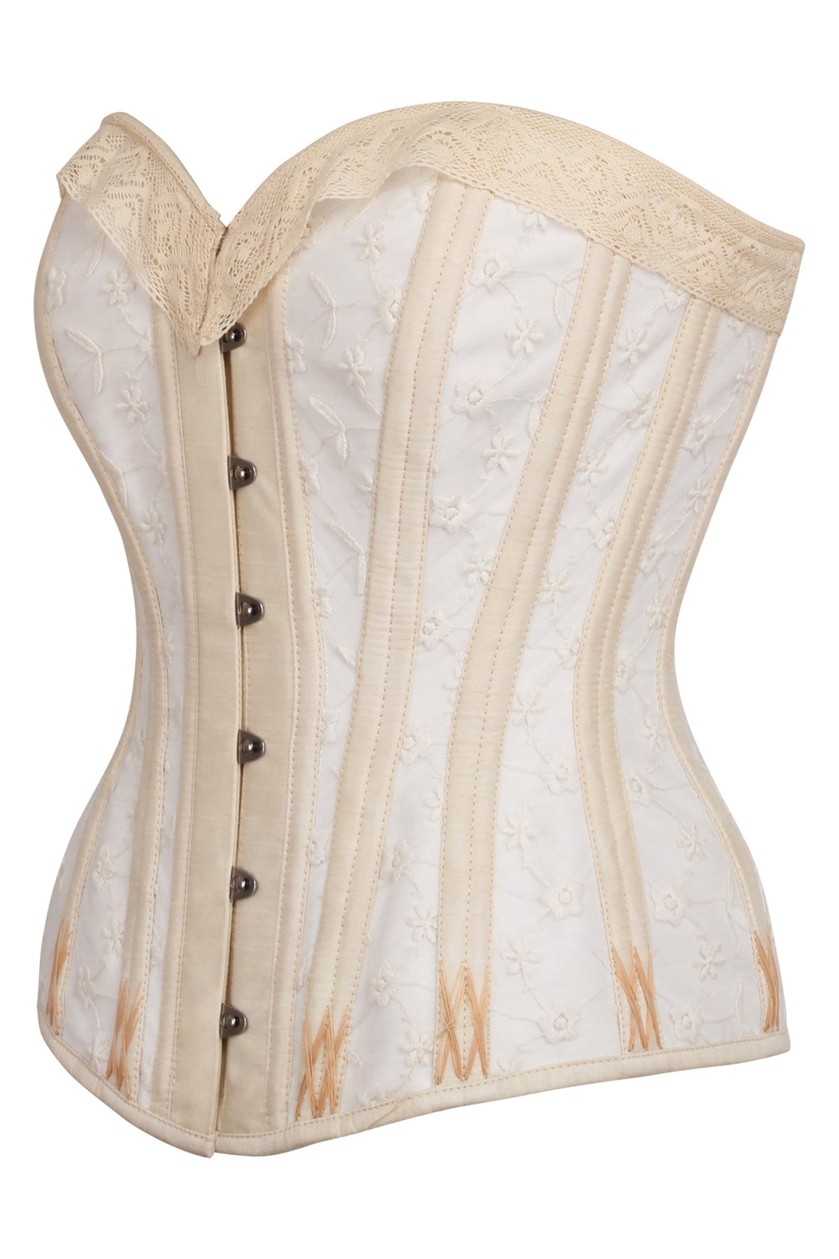White And Gold Overbust Corset With Lace And Flossing Finish