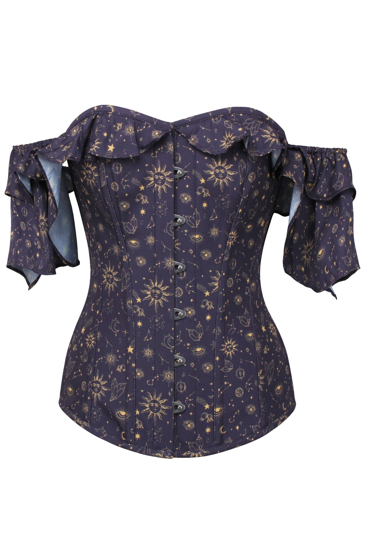 Mystic Galaxy Indigo And Gold Corset Top With Frilled Sleeve