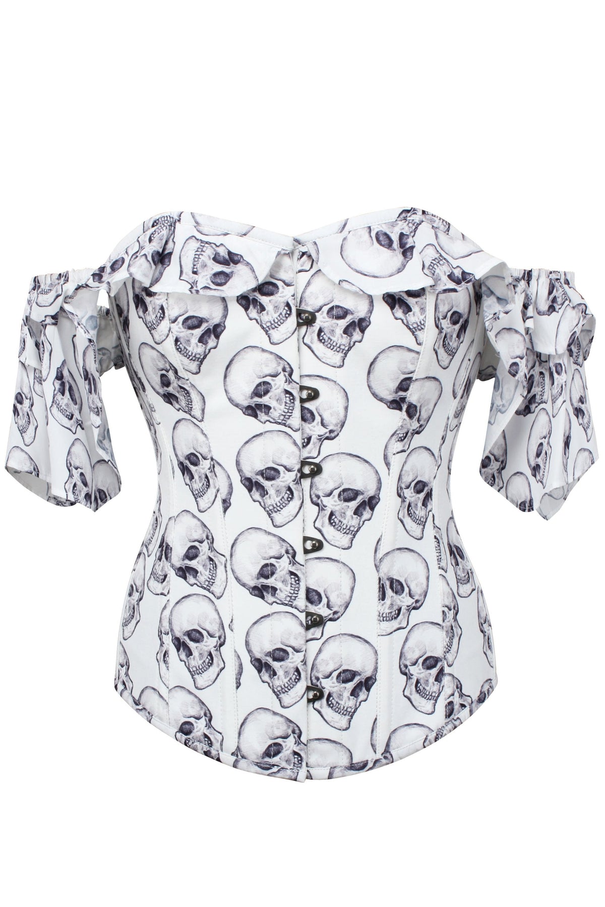 White And Grey Skull Gothic Corset Top With Frilled Sleeve