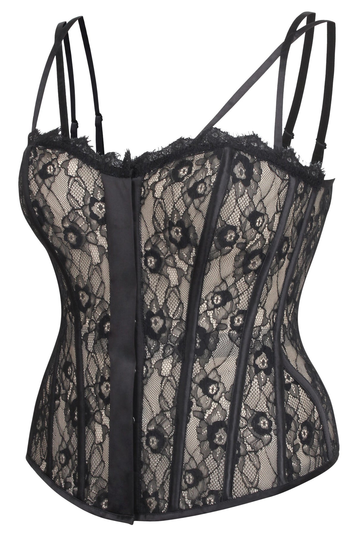 Clementine Black Satin And Lace Overbust Corset With Spaghetti Straps