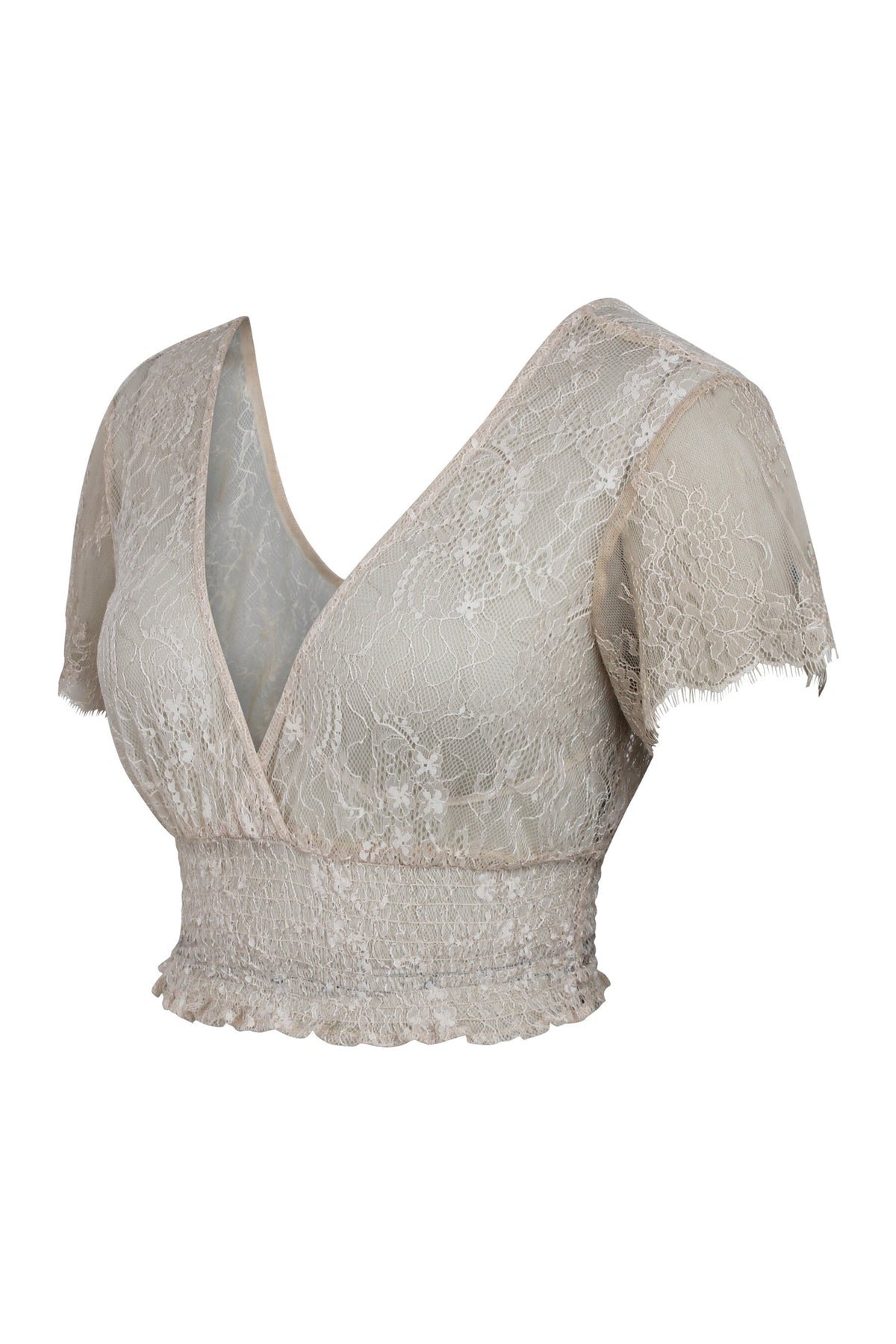 Ada Champagne Lace Cropped Top With Deep V Neckline