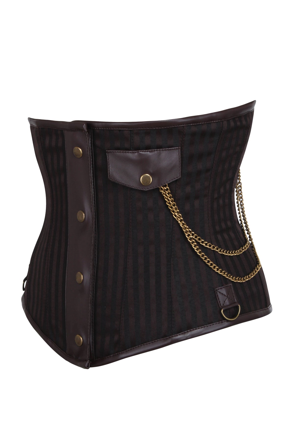 Brown Striped Steampunk Underbust With Steel Busk Covered Detail And Pocket Chain
