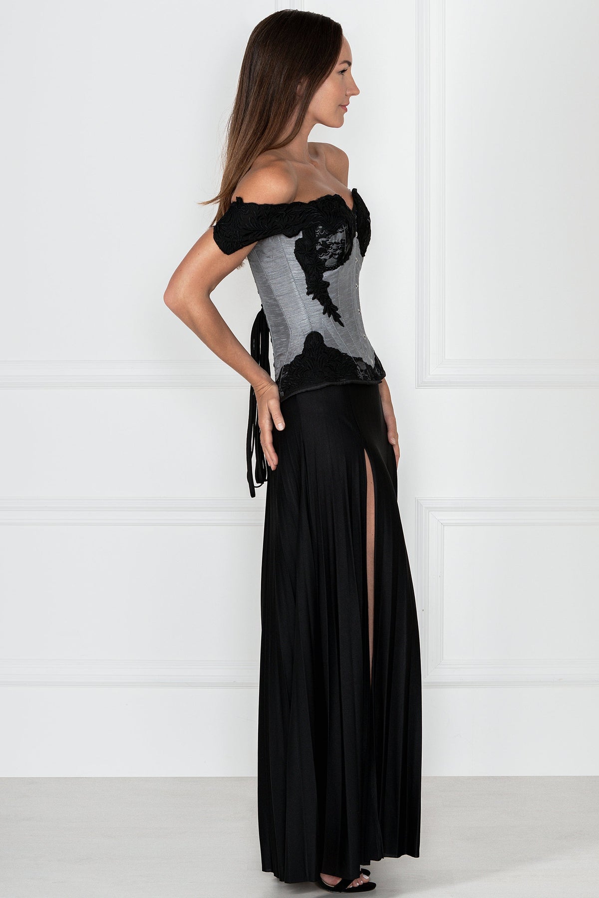 Grey Longline Corset Top With Lace Cap Sleeve