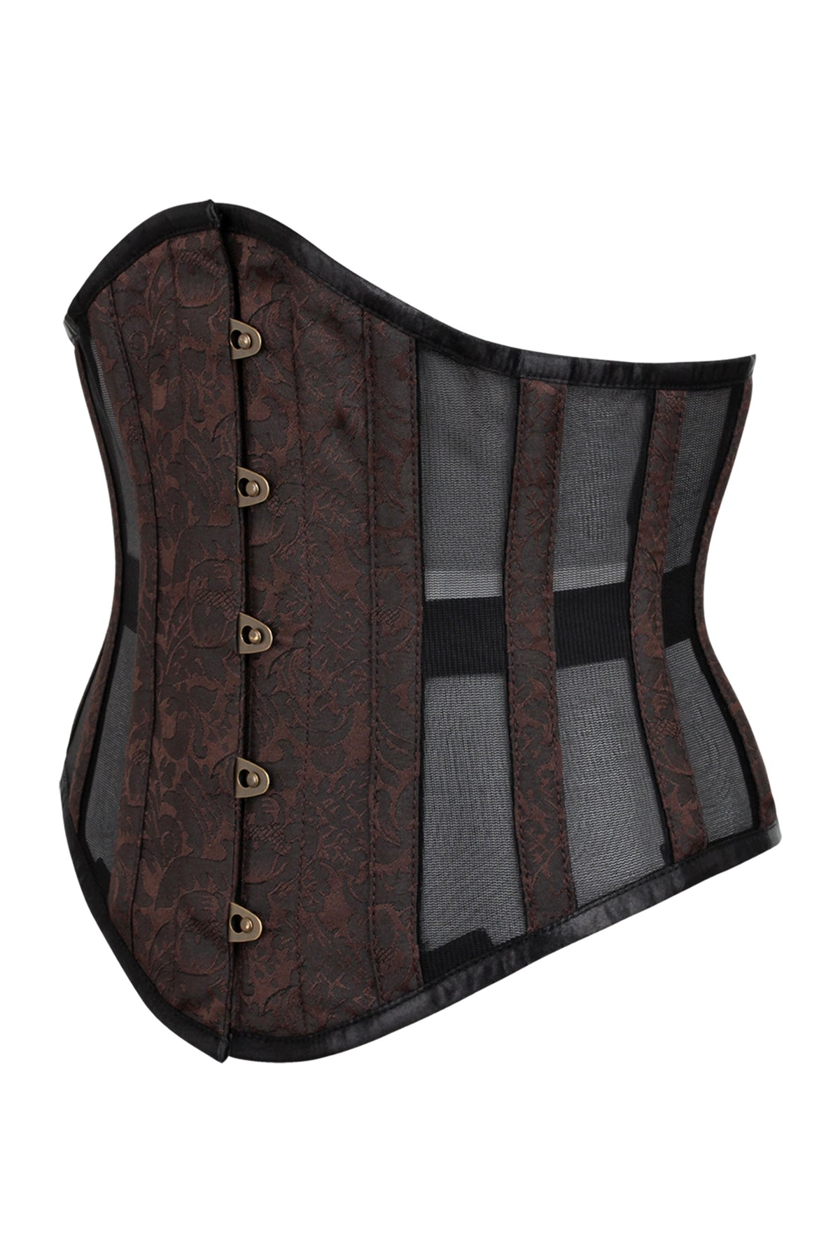 Brown Brocade Underbust Corset With Mesh Panels