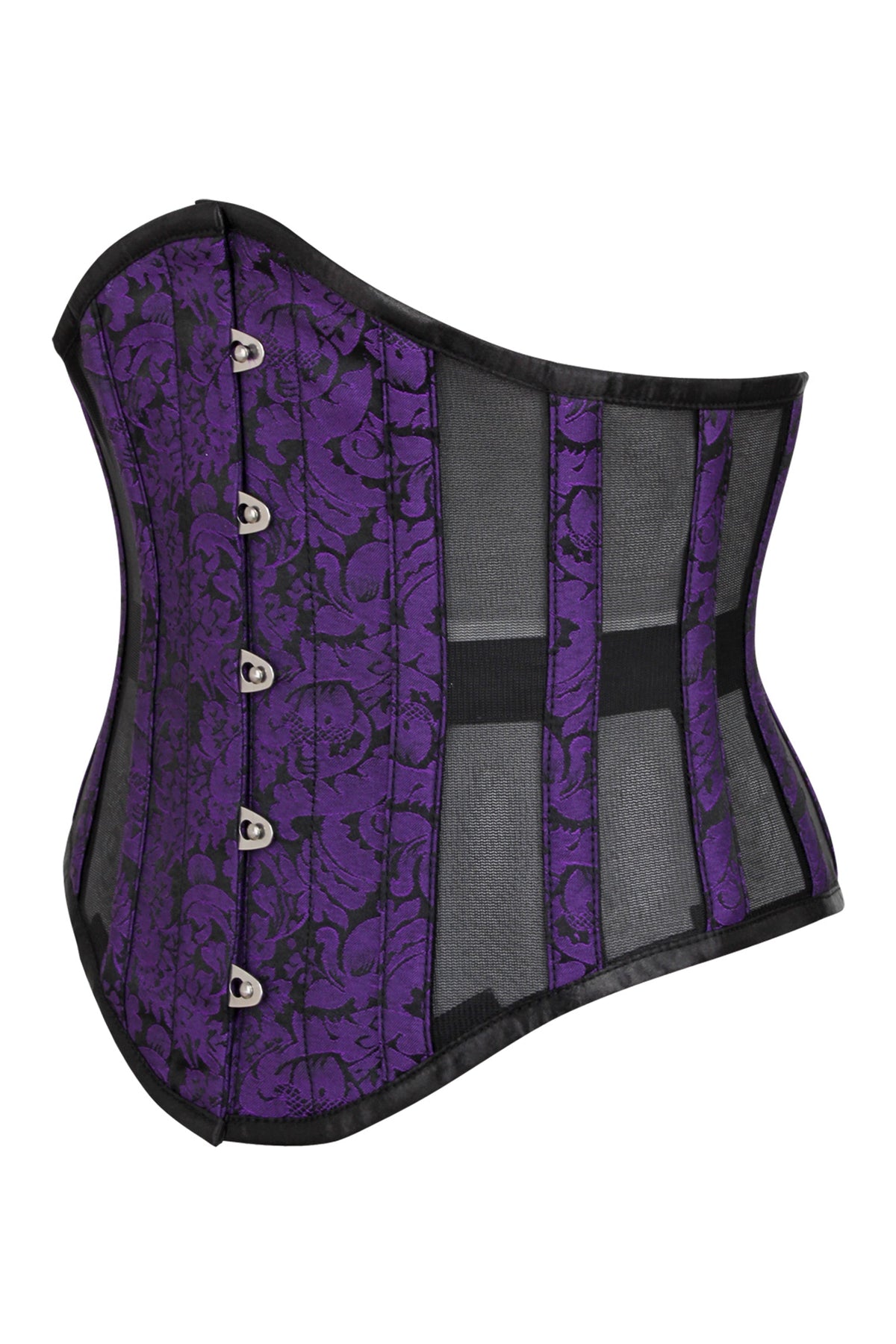 Purple Brocade Underbust Corset With Mesh Panels
