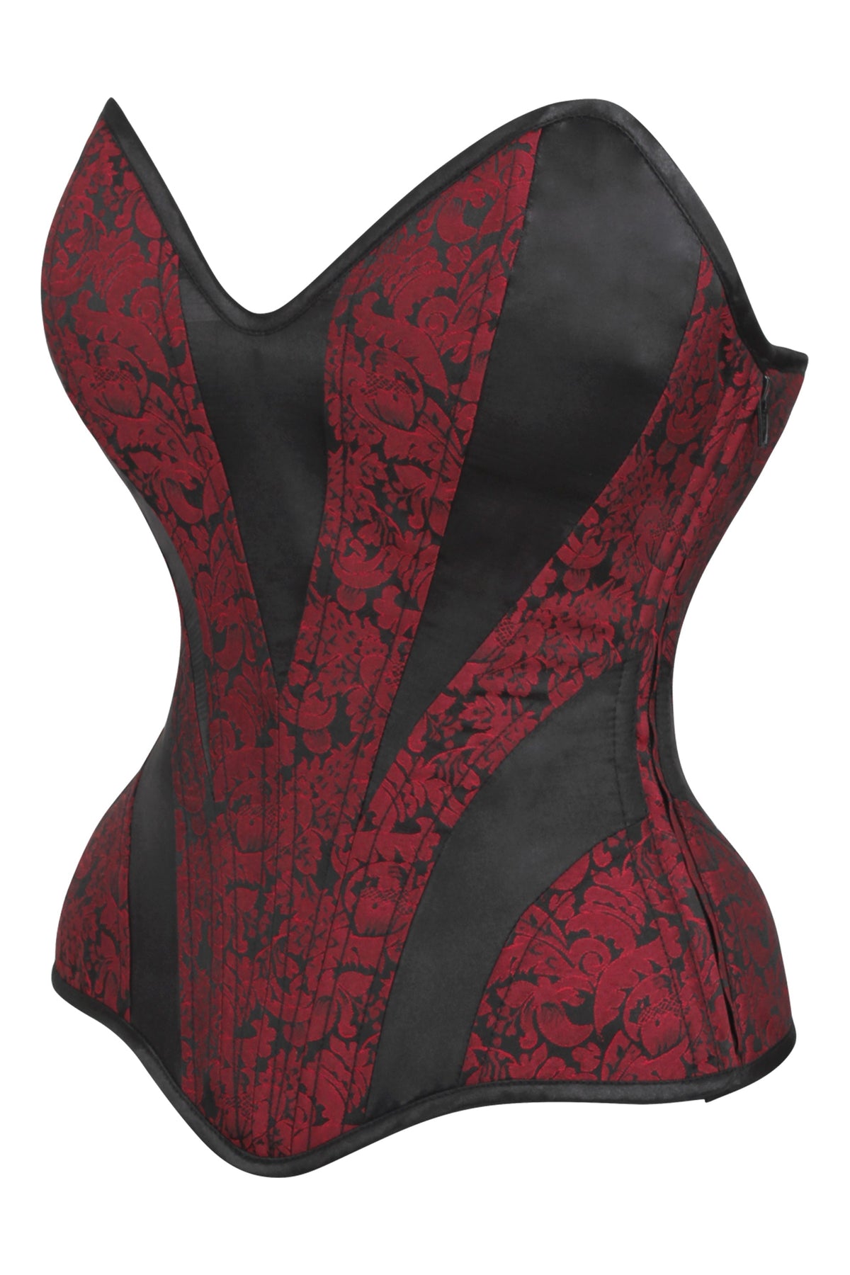 Red And Black Brocade Overbust Corset With Side Zip