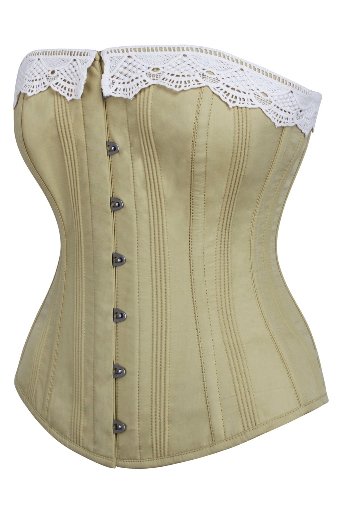 Historically Inspired Taupe Green Longline Corset With Lace Trim