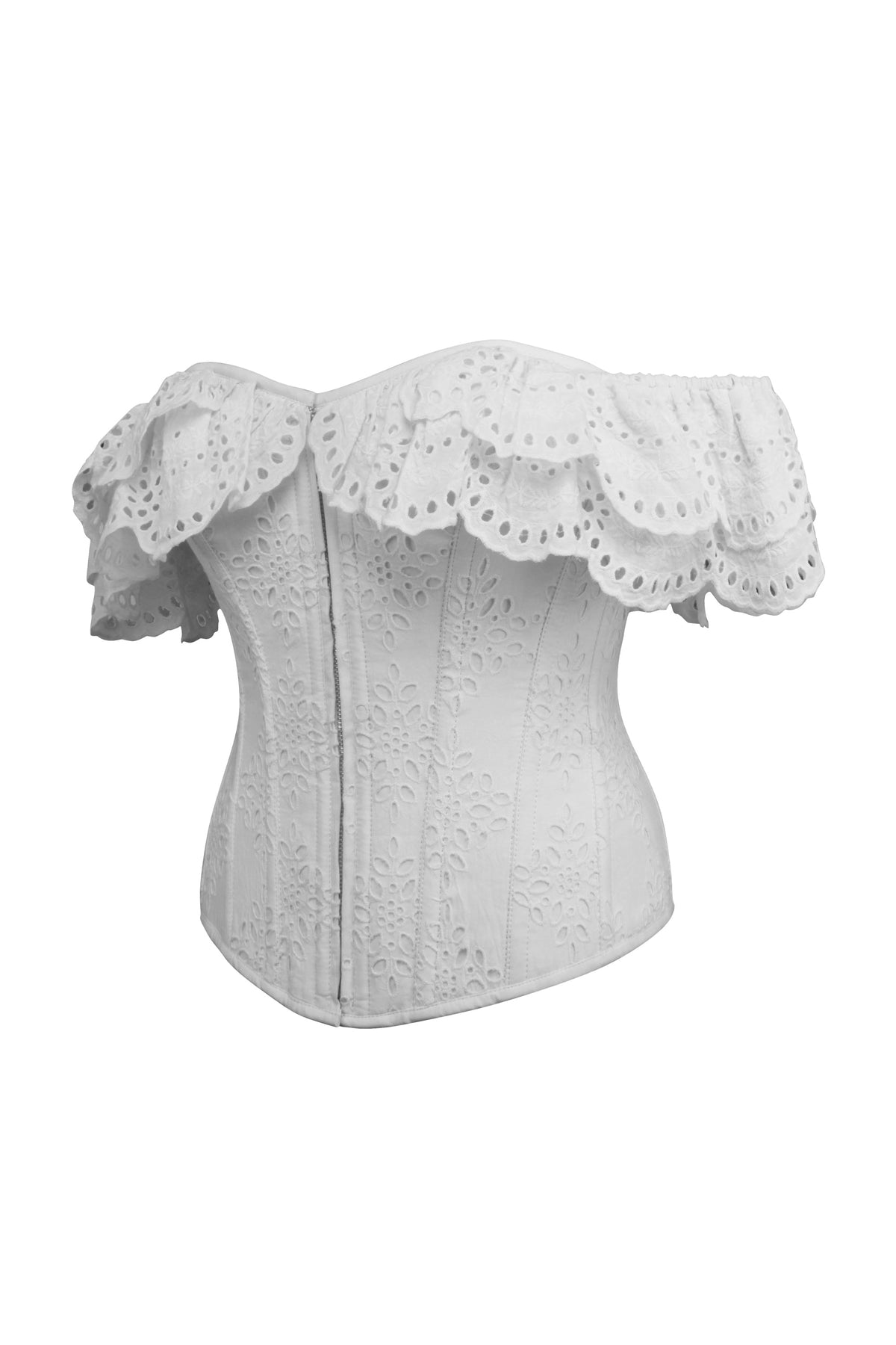 Alyssum White Broderie Anglaise Cotton Corset Top With Double Frill Sleeves
