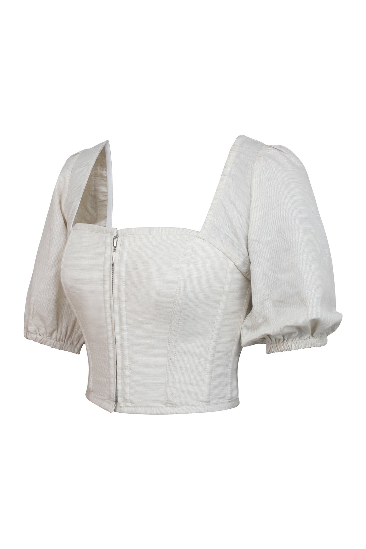 Fern Oatmeal Linen Cropped Corset With Puff Sleeves