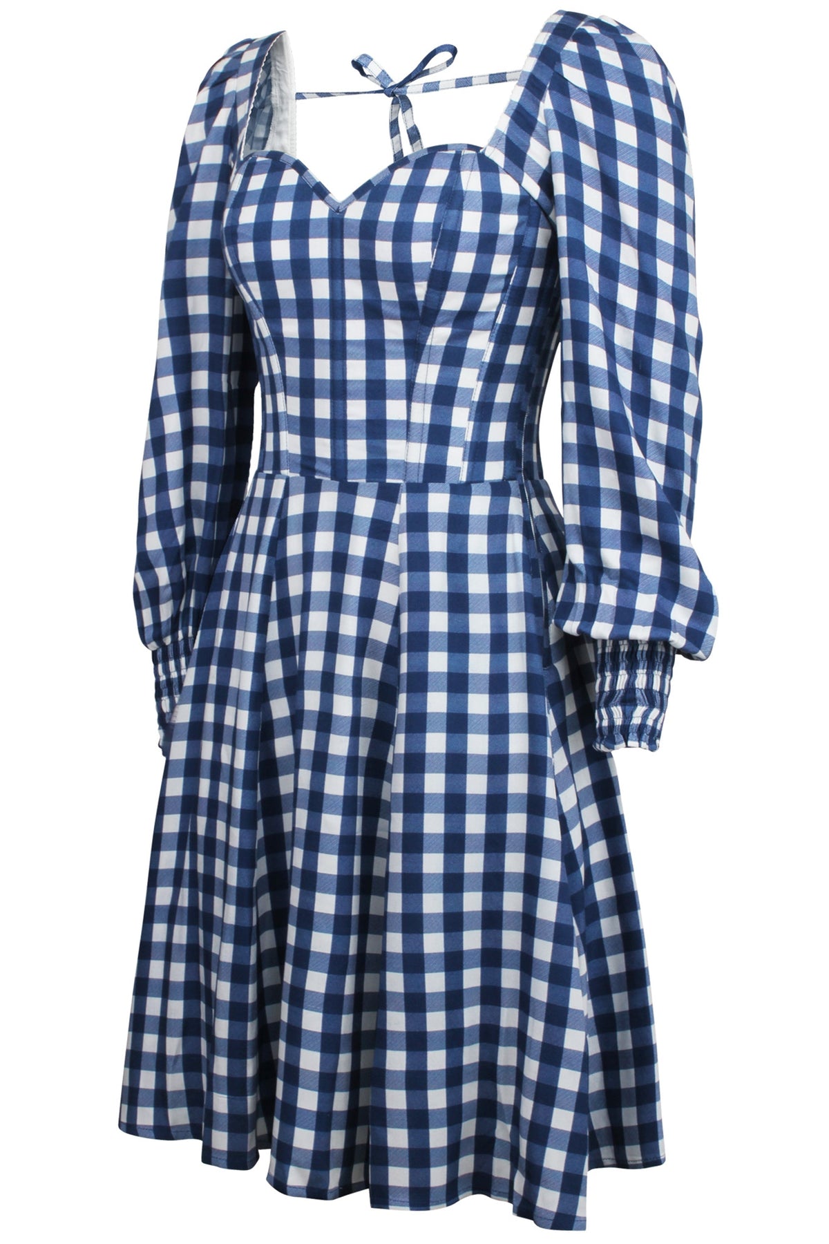 Sunflower Gingham Blue Viscose Corset Dress With Long Sleeves