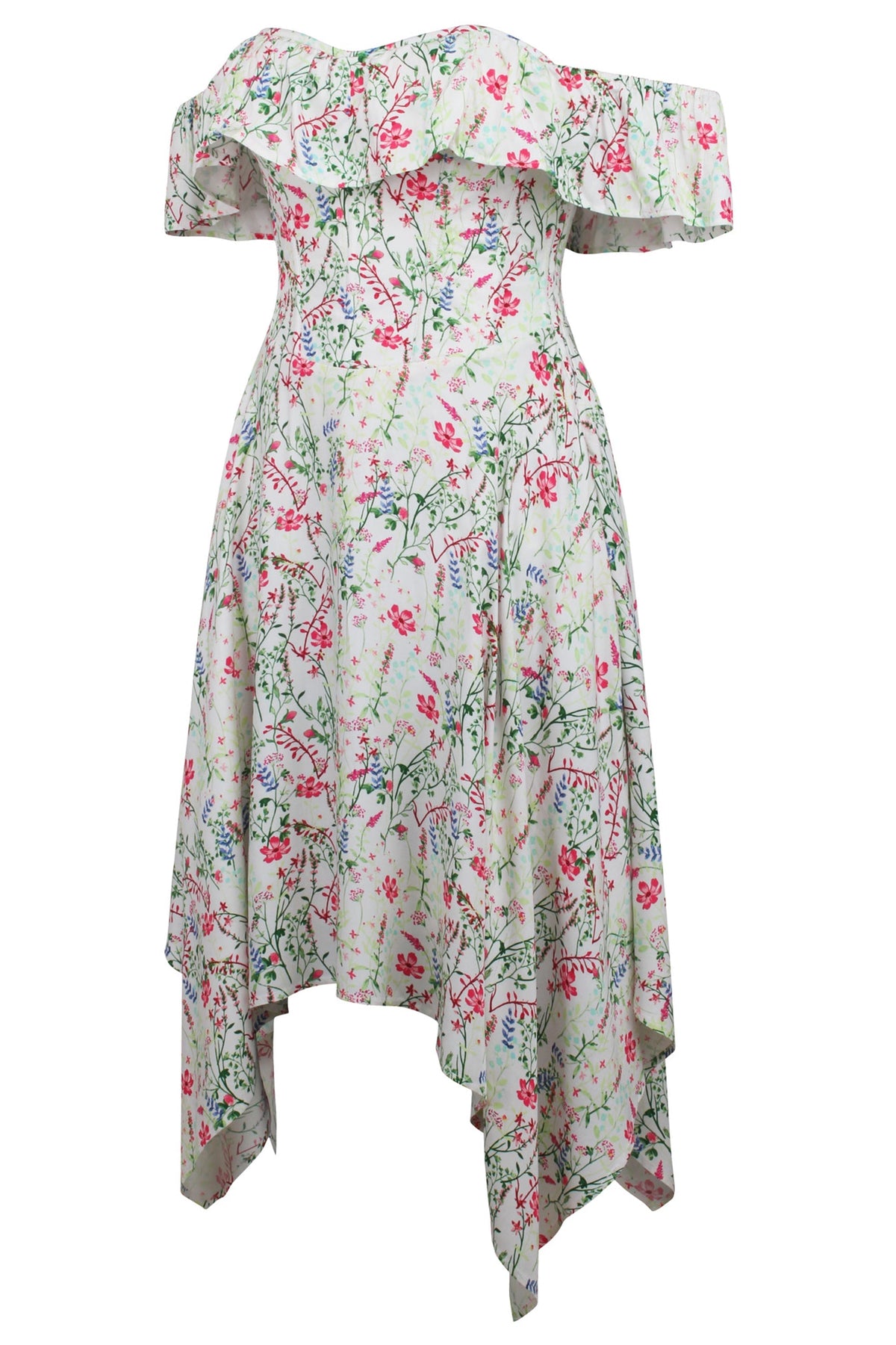 Cassia Meadow Viscose Corset Dress With Bardot Neckline And Handkerchief Hem