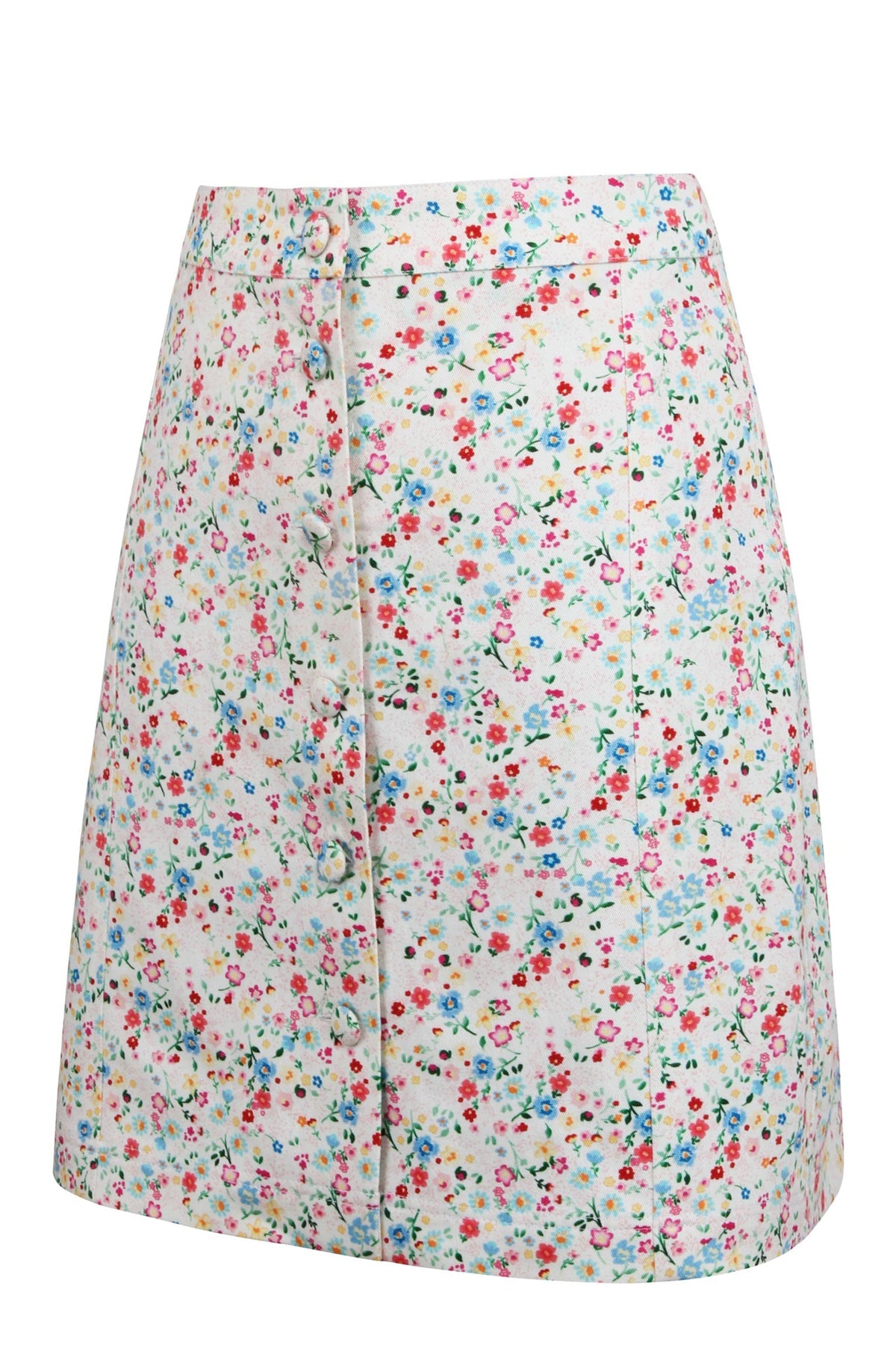 Poppy Ditsy Cotton Twill Skirt With Self Covered Buttons
