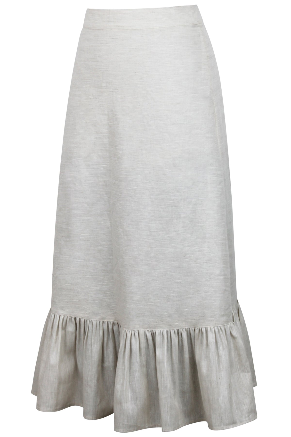 Olive Oatmeal Linen Blend Midi Skirt With Ruffle Hem
