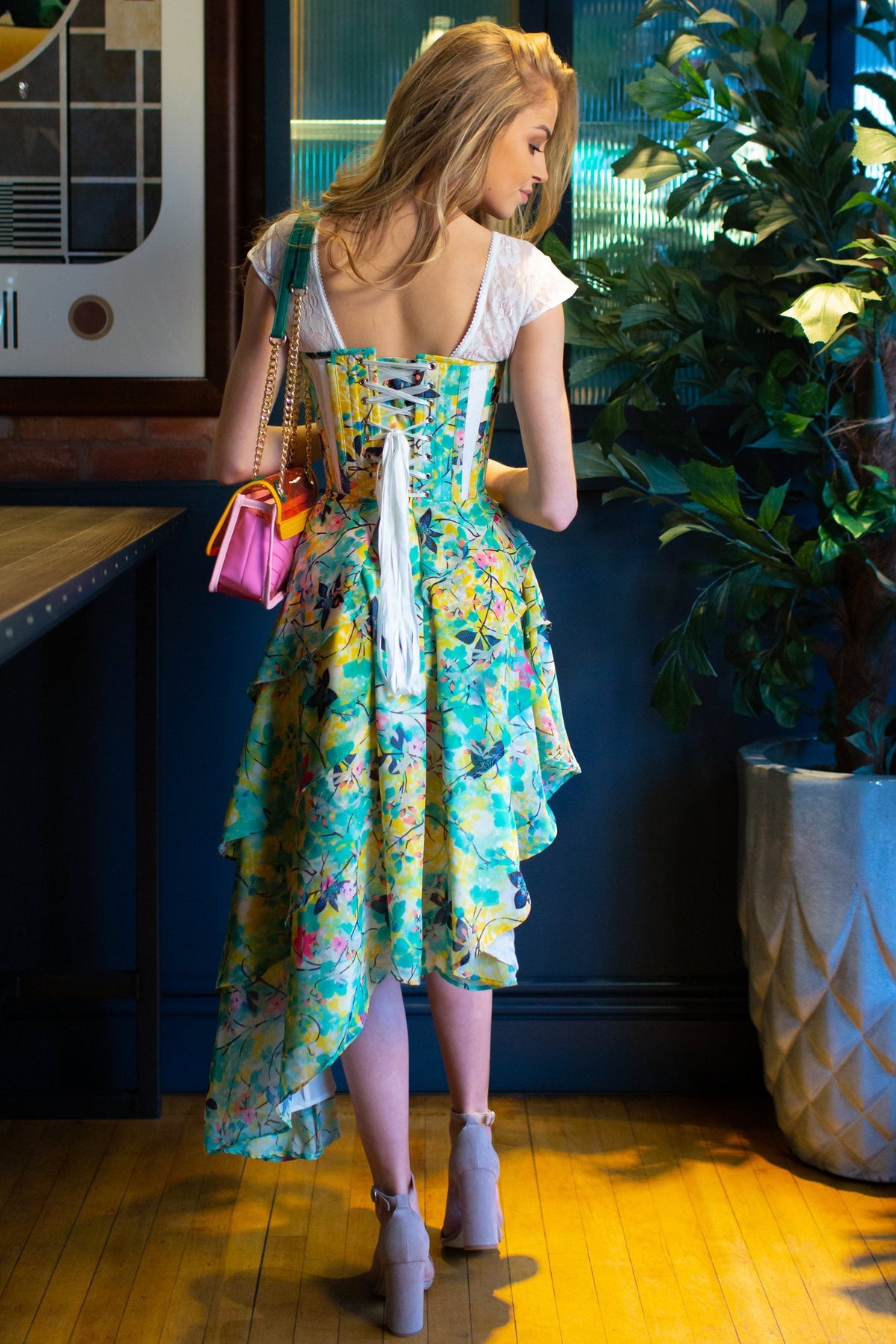 Tropical Print Mesh Panelled Corset Dress