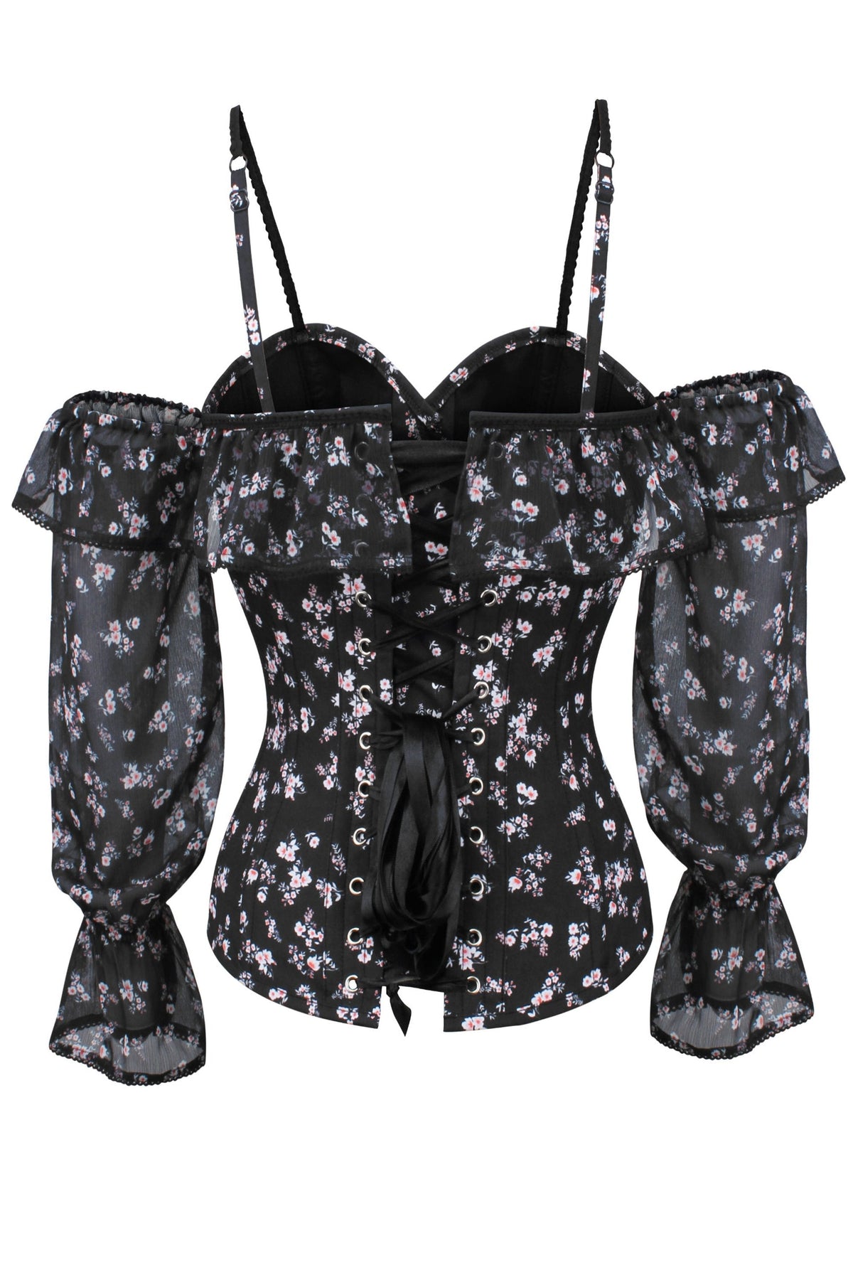 Long Sleeve Dark Ditsy Floral Corset Top With Cold Shoulder