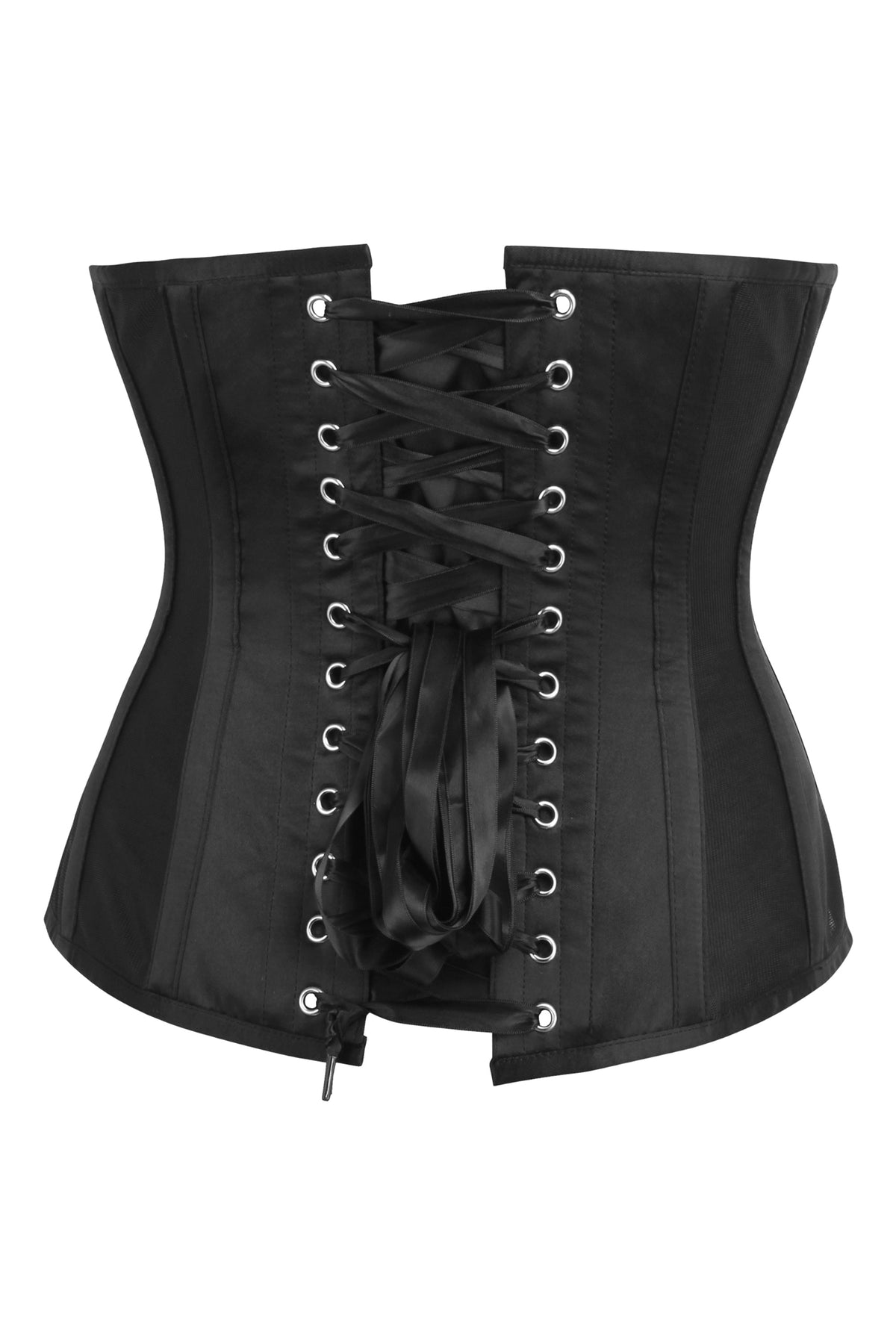 Black Satin Longline Underbust Corset With Black Mesh Panels
