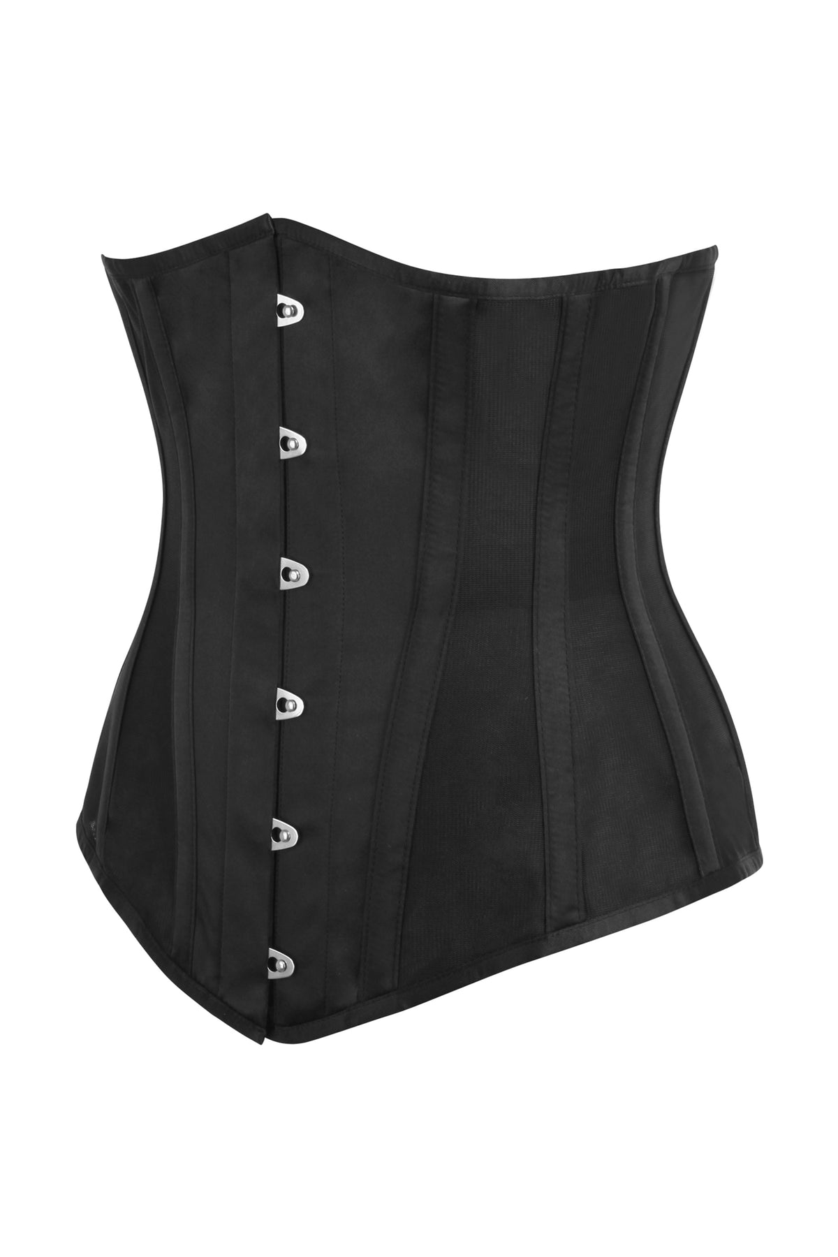 Black Satin Longline Underbust Corset With Black Mesh Panels