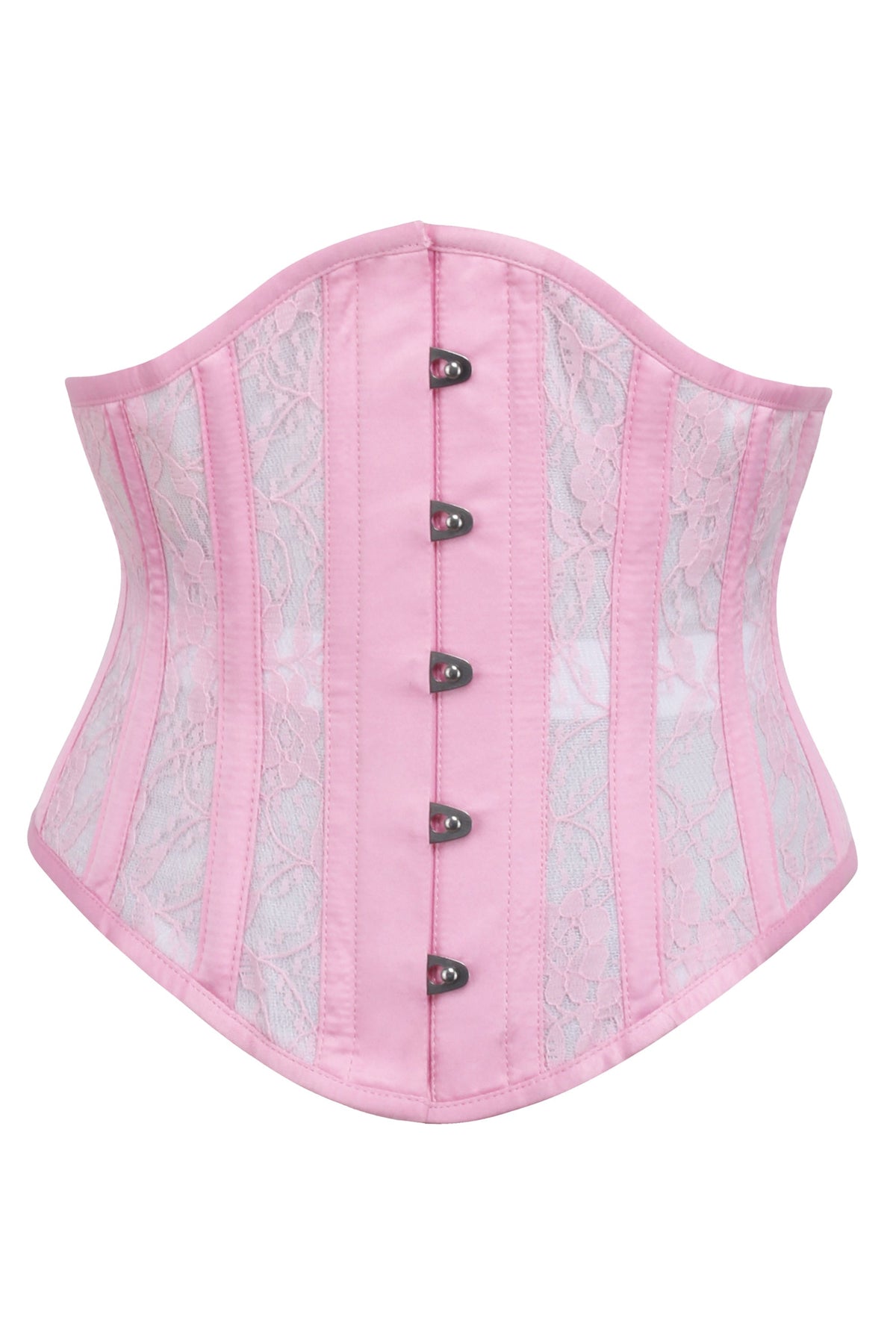 Pink Satin Underbust Corset With Mesh Panels And Lace Overlay