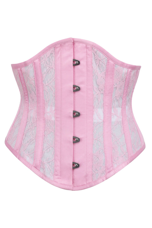 Pink Satin Underbust Corset With Mesh Panels And Lace Overlay