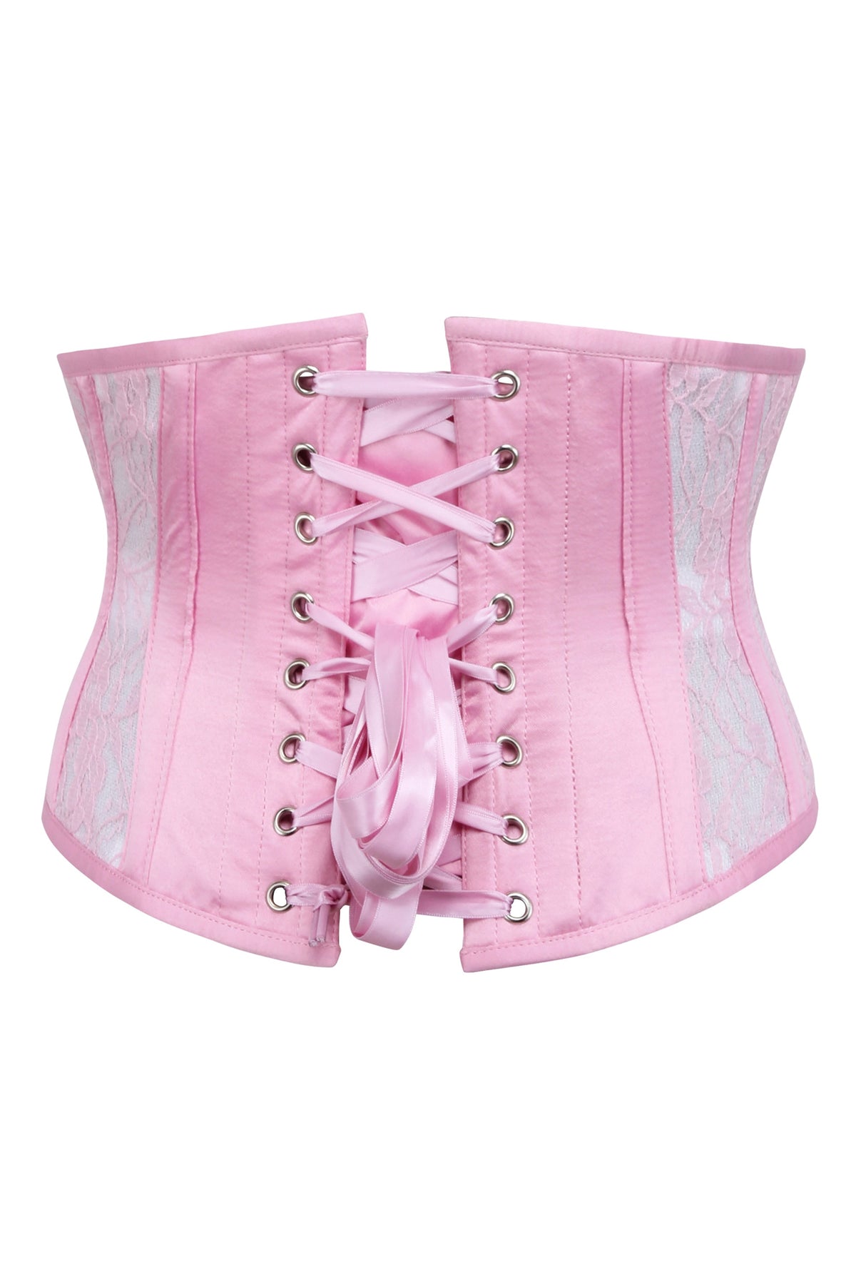 Pink Satin Underbust Corset With Mesh Panels And Lace Overlay