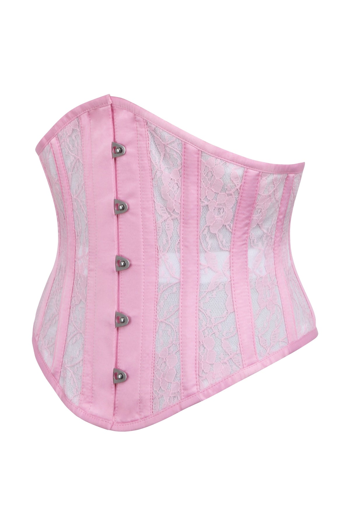 Pink Satin Underbust Corset With Mesh Panels And Lace Overlay