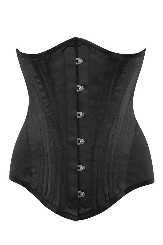 Black Satin Longline Underbust Corset With Hip Panels