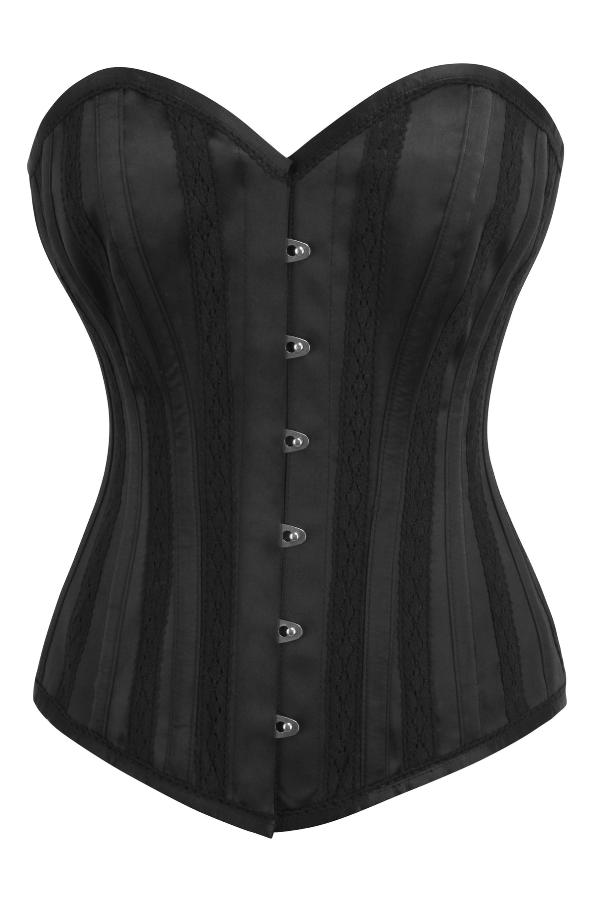 Black Satin Overbust Corset With Embroidered Channels