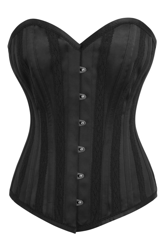 Black Satin Overbust Corset With Embroidered Channels