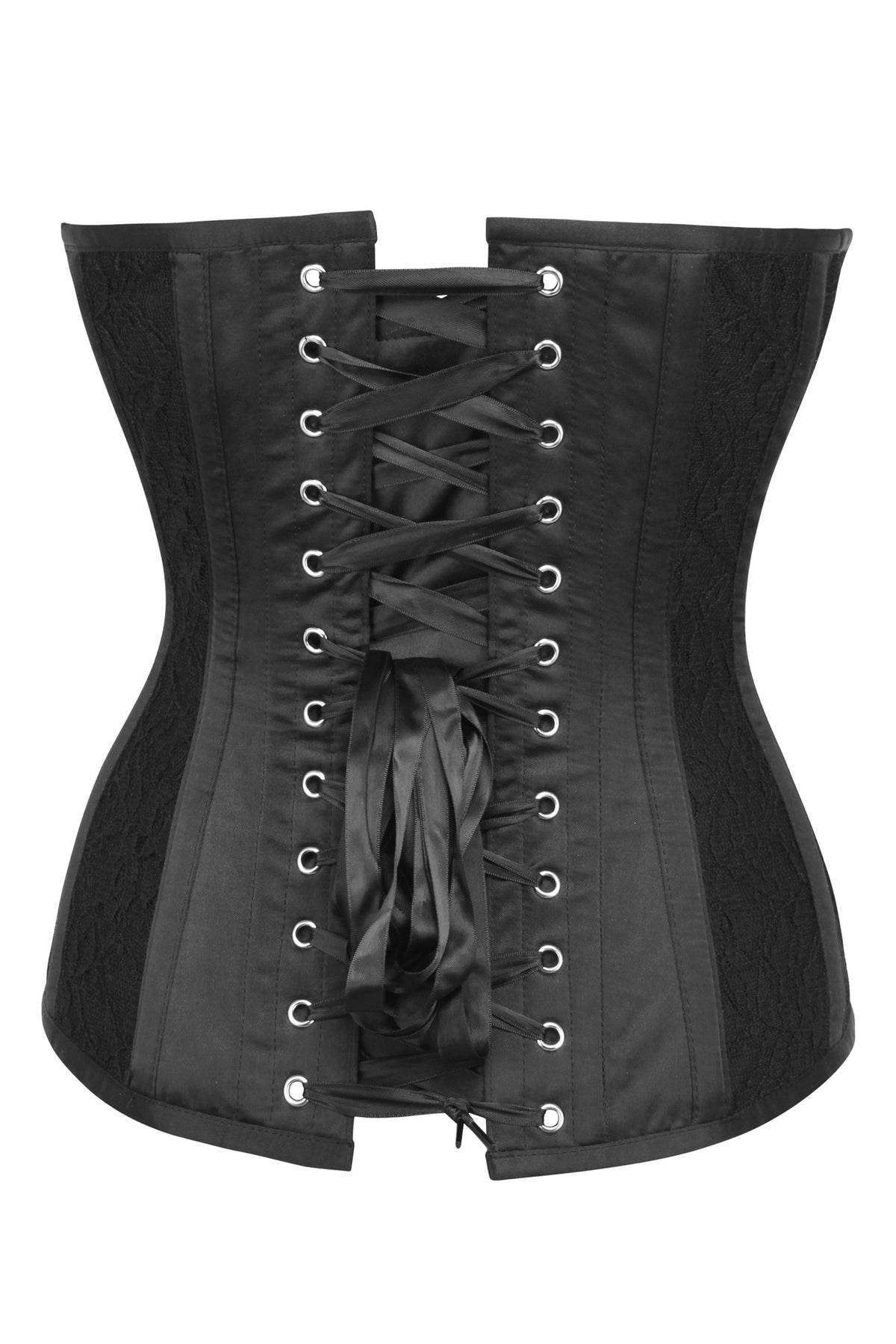 Black Satin Edwardian Longline Overbust Corset With Lace Overlay Panels