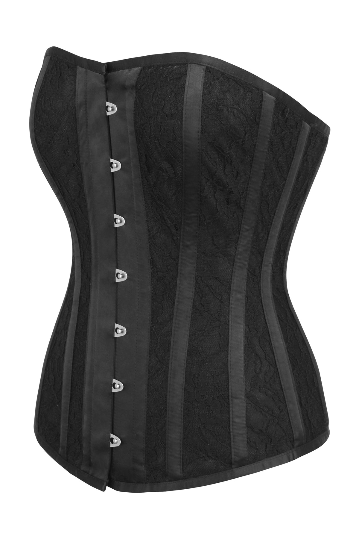 Black Satin Edwardian Longline Overbust Corset With Lace Overlay Panels