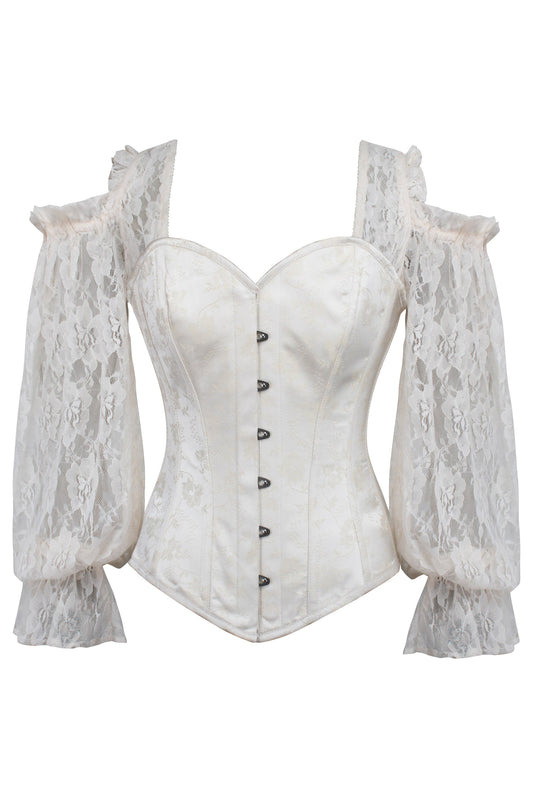 Ivory Brocade Overbust With Lace Sleeves