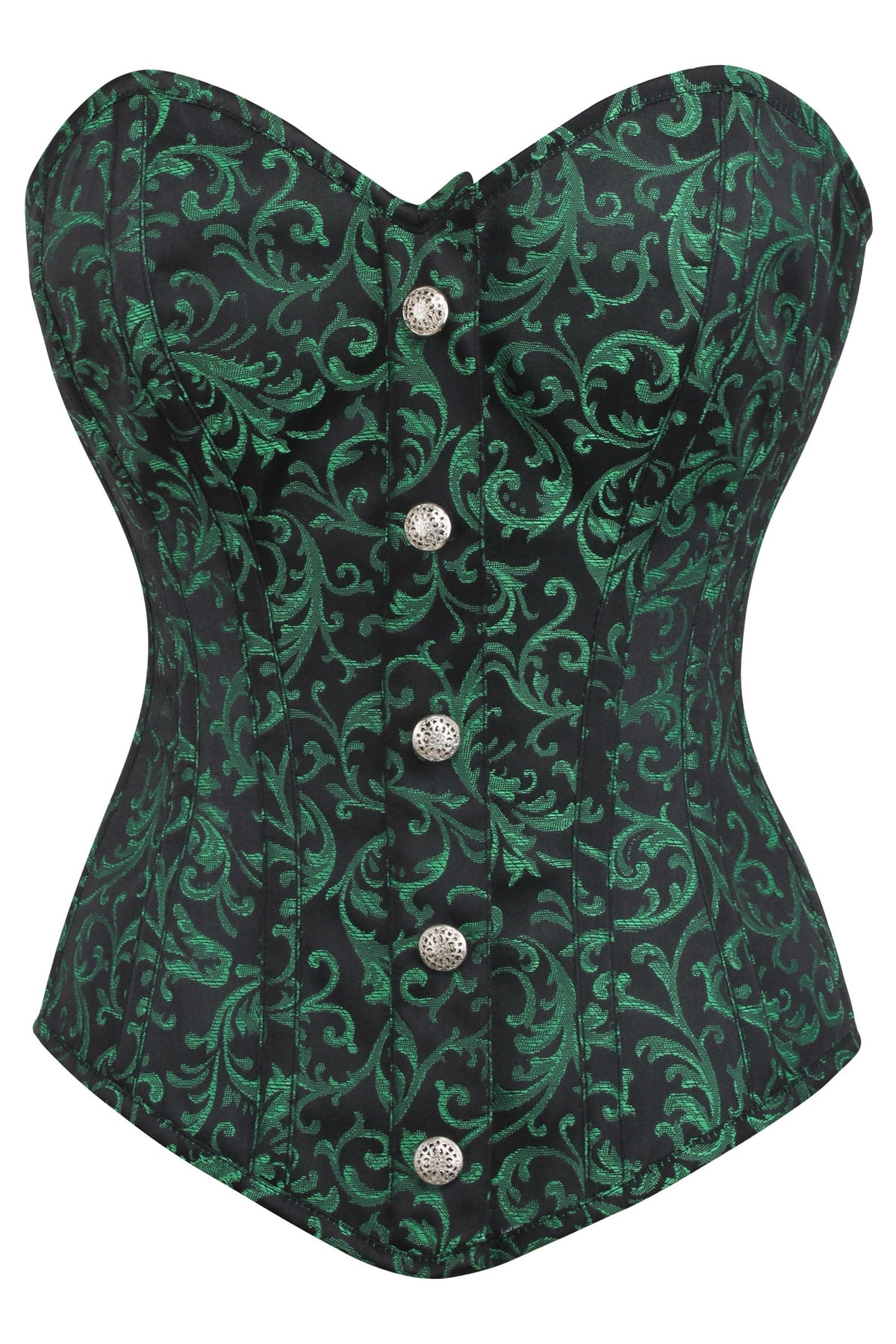 Green And Black Brocade Overbust Corset With Front Zip And Button Detailing