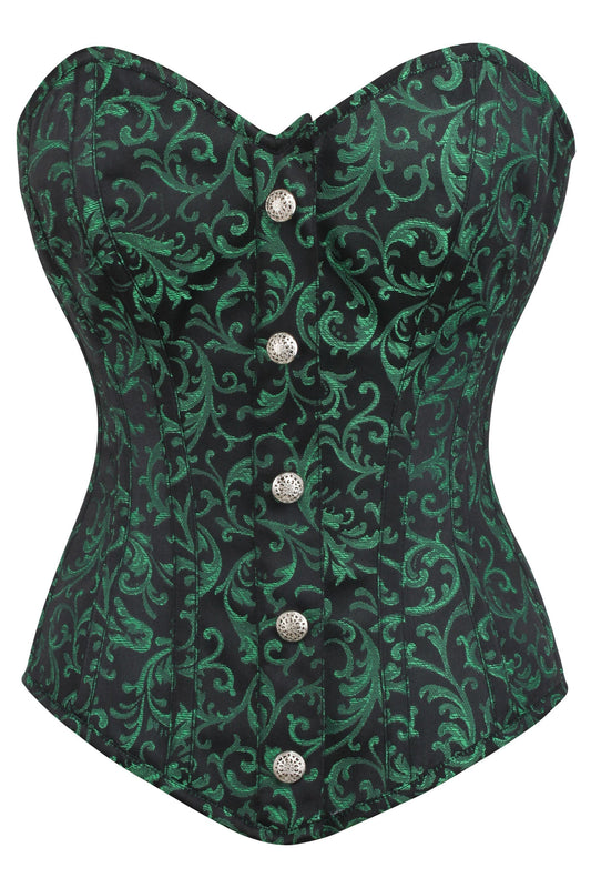 Green And Black Brocade Overbust Corset With Front Zip And Button Detailing