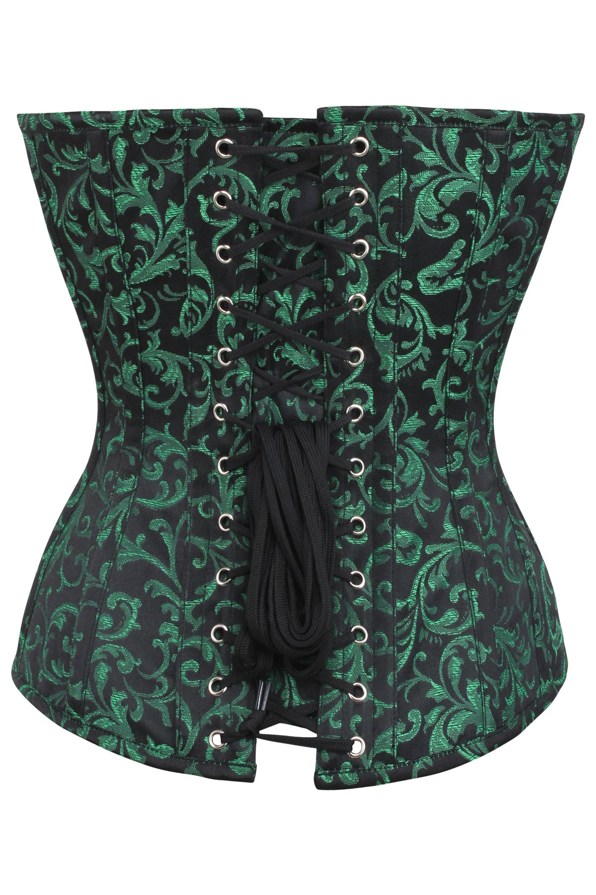 Green And Black Brocade Overbust Corset With Front Zip And Button Detailing