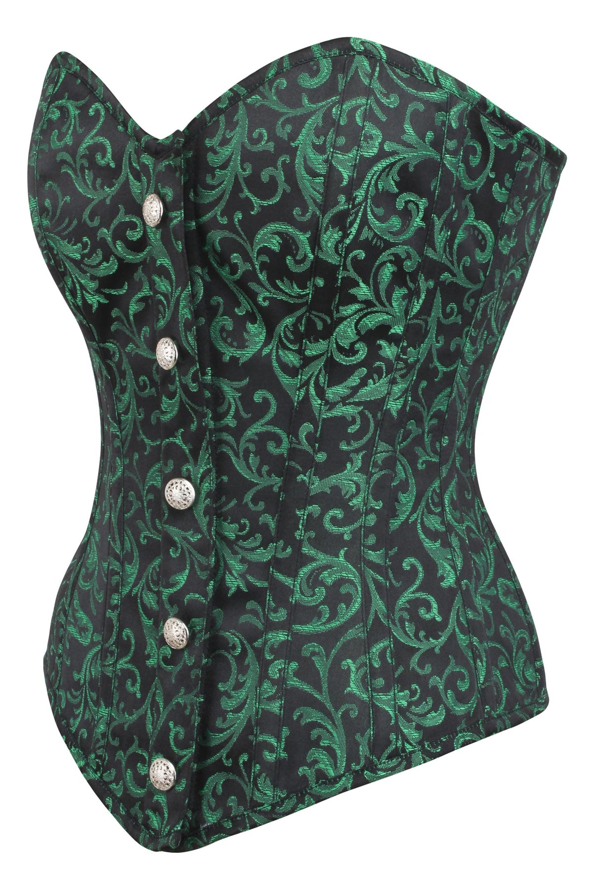 Green And Black Brocade Overbust Corset With Front Zip And Button Detailing