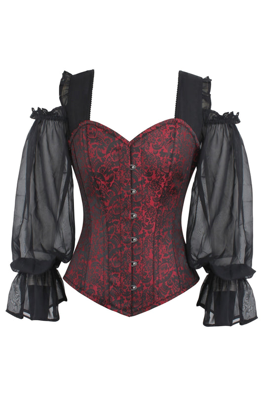 Red And Black Brocade Corset Top With Long Chiffon Sleeves