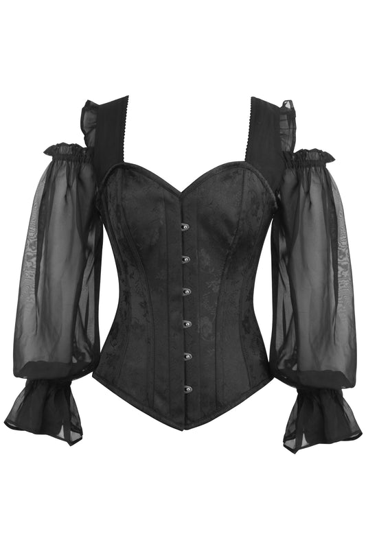 Black Brocade Corset Top With Chiffon Sleeves