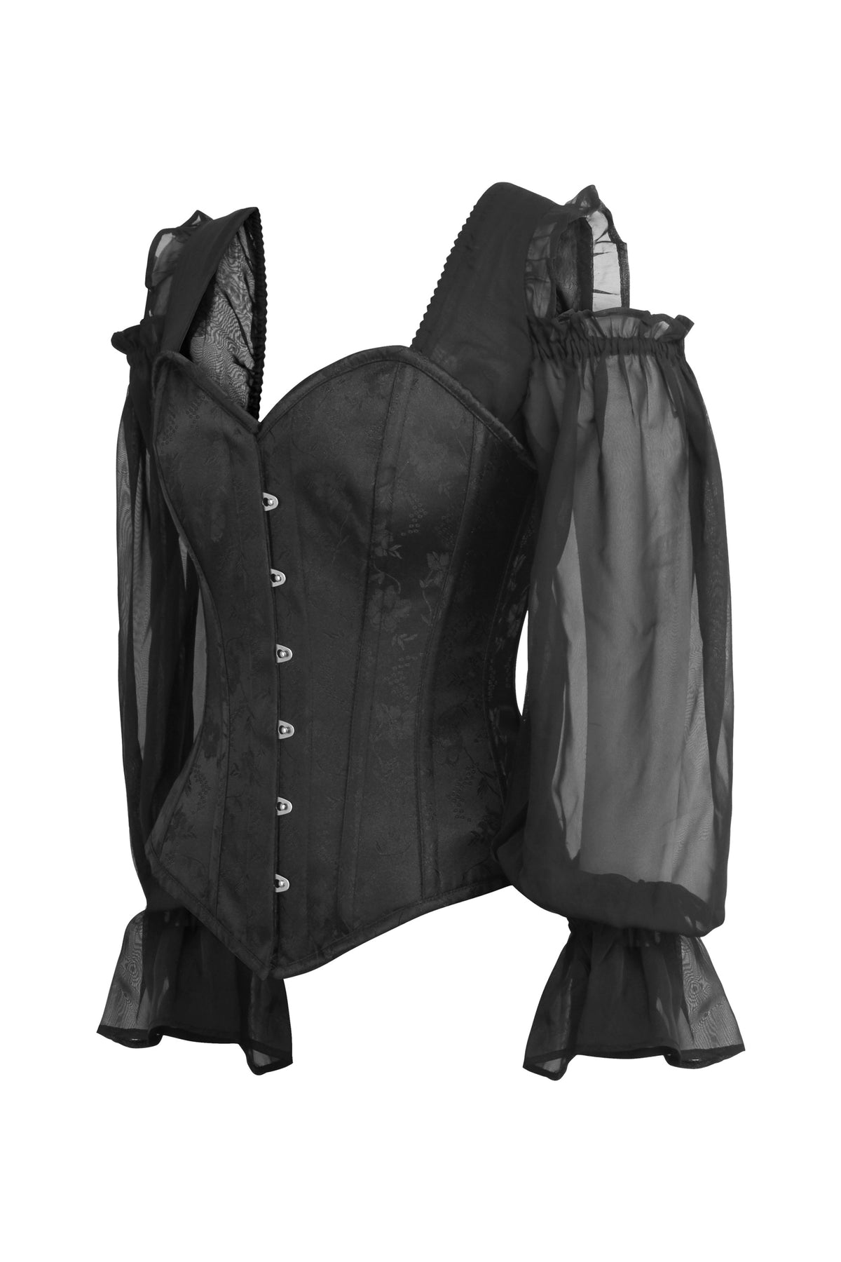 Black Brocade Corset Top With Chiffon Sleeves