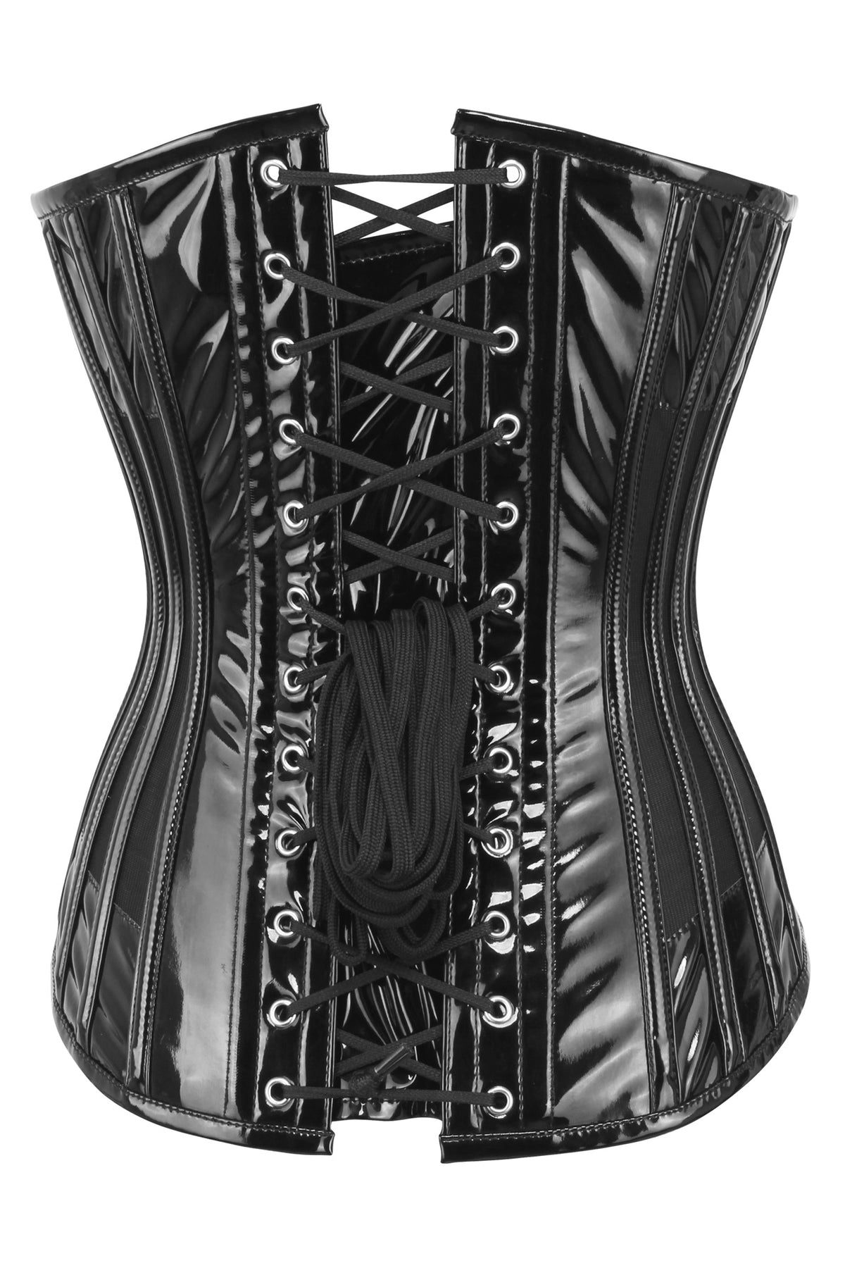 Black PVC Overbust Corset With Plunge Neckline And Side Mesh Panels
