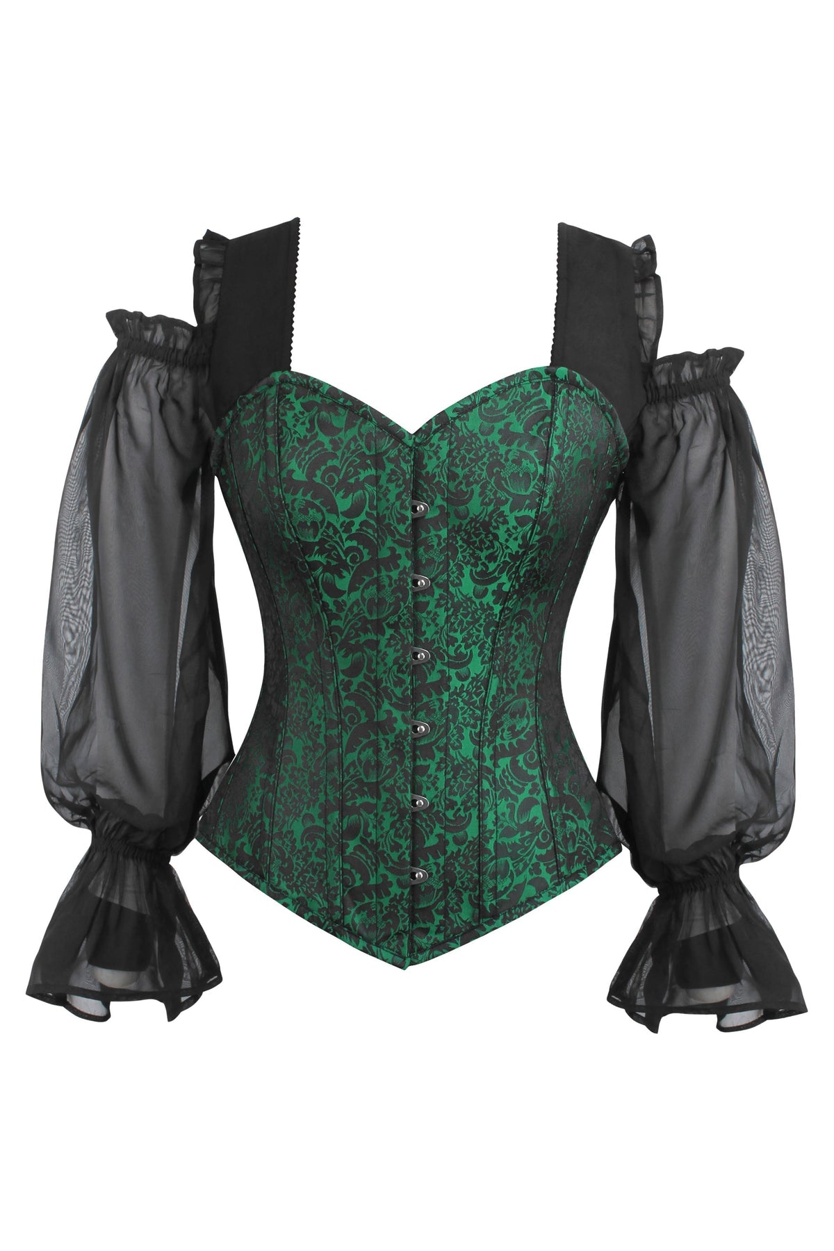 Long Sleeve Green And Black Brocade Corset Top With Chiffon Sleeves