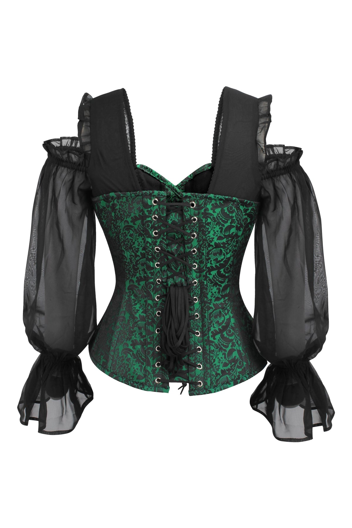 Long Sleeve Green And Black Brocade Corset Top With Chiffon Sleeves
