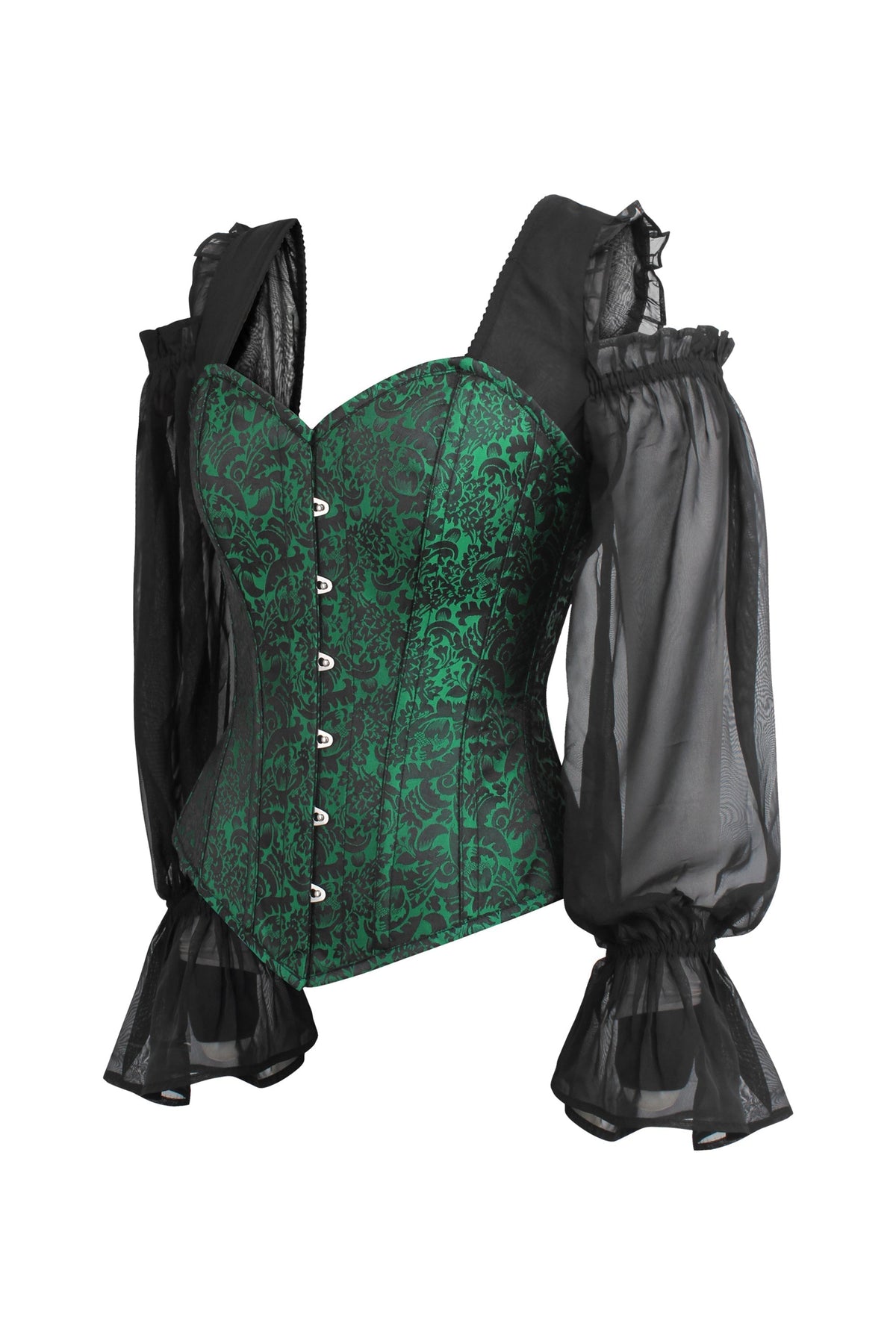 Long Sleeve Green And Black Brocade Corset Top With Chiffon Sleeves