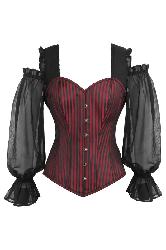 Long Sleeve Red And Black Striped Overbust Corset With Chiffon Sleeves