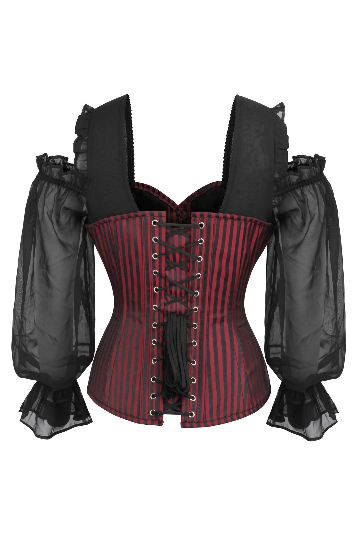 Long Sleeve Red And Black Striped Overbust Corset With Chiffon Sleeves