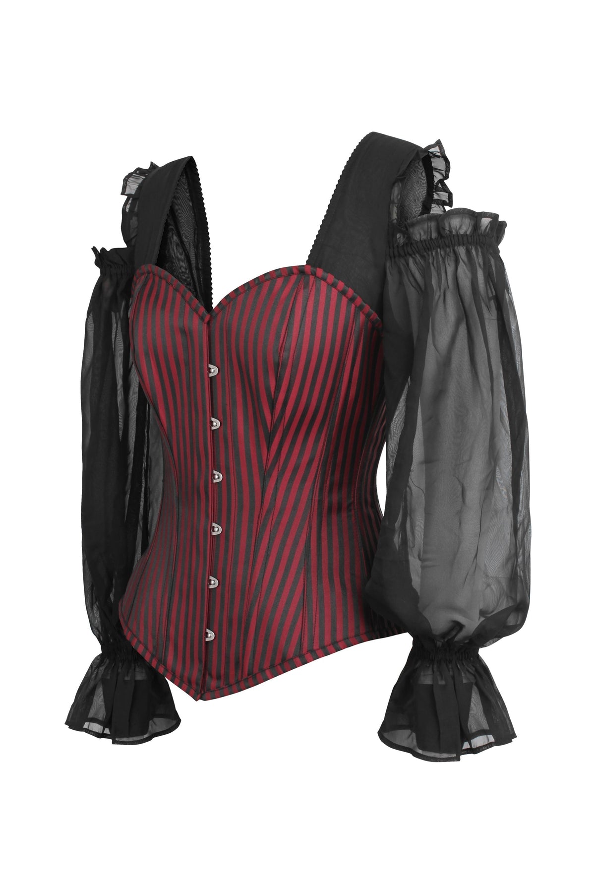 Long Sleeve Red And Black Striped Overbust Corset With Chiffon Sleeves