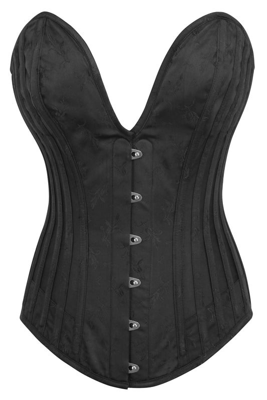 Black Brocade Overbust Corset With Plunge Neckline And Side Mesh Panels