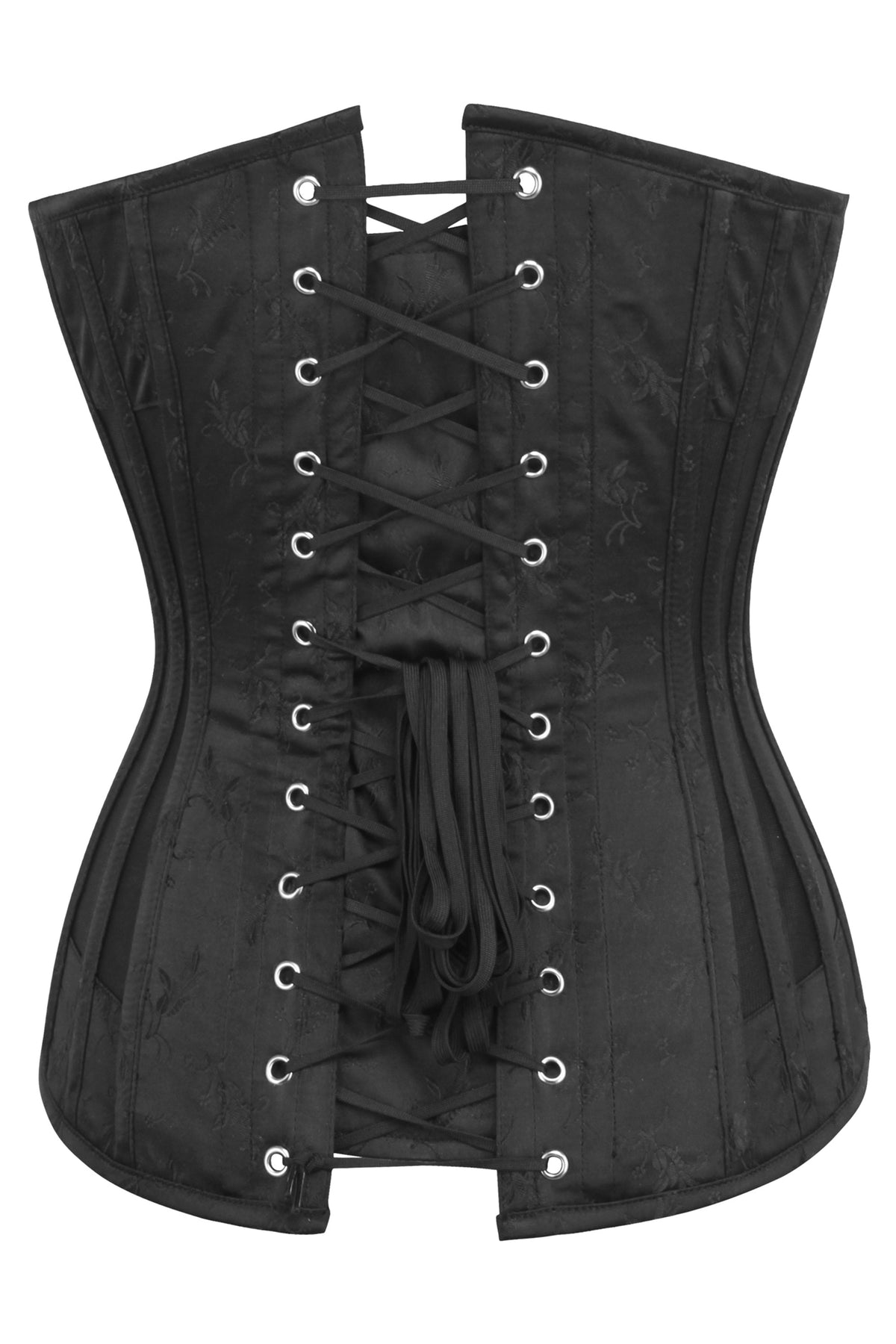 Black Brocade Overbust Corset With Plunge Neckline And Side Mesh Panels